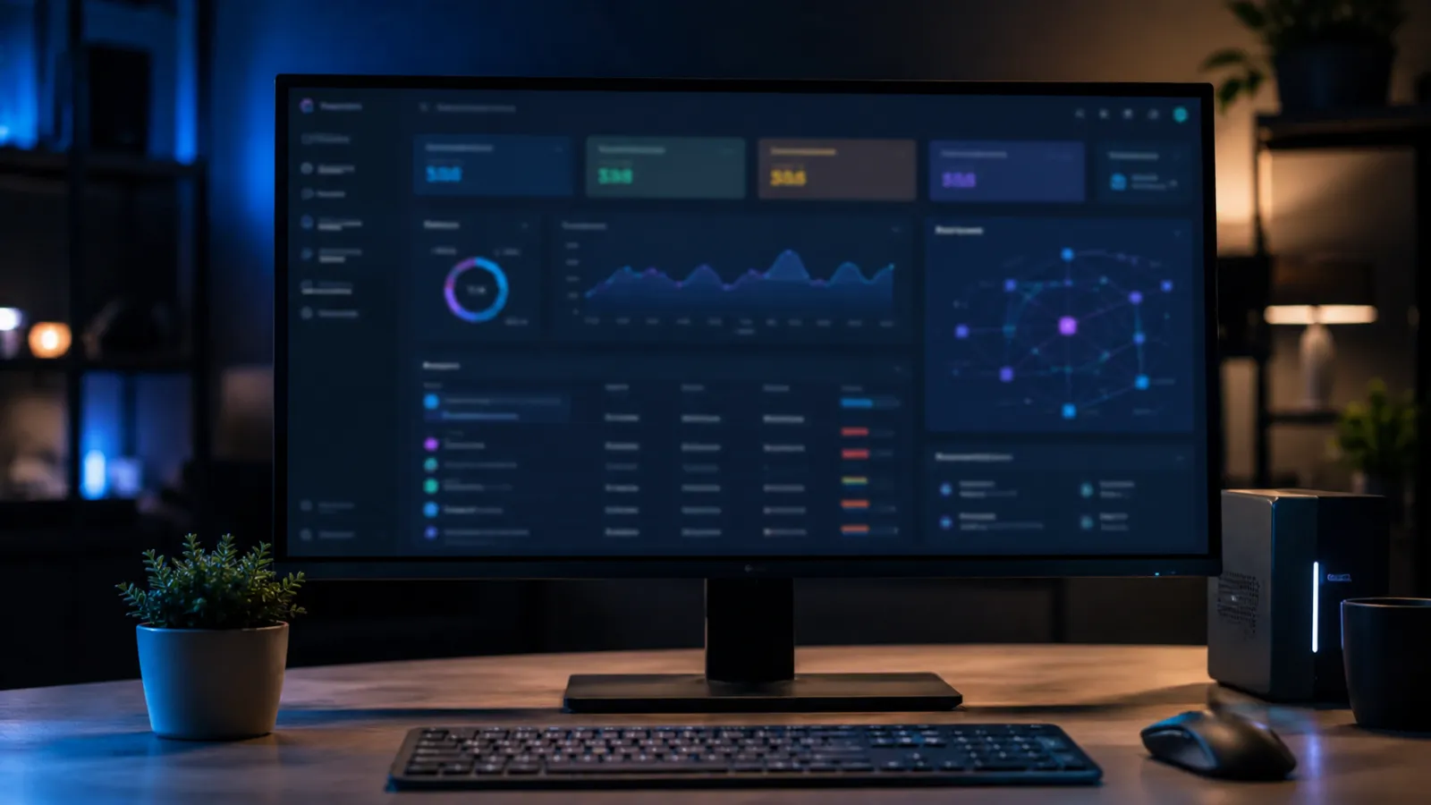 Operations dashboard with tickets, charts, and a network graph on a wide monitor
