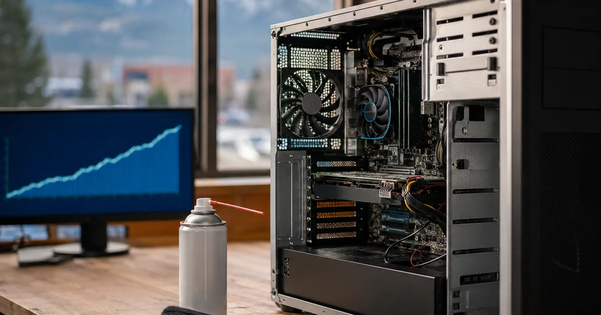 Desktop PC being cleaned and tuned on a workbench